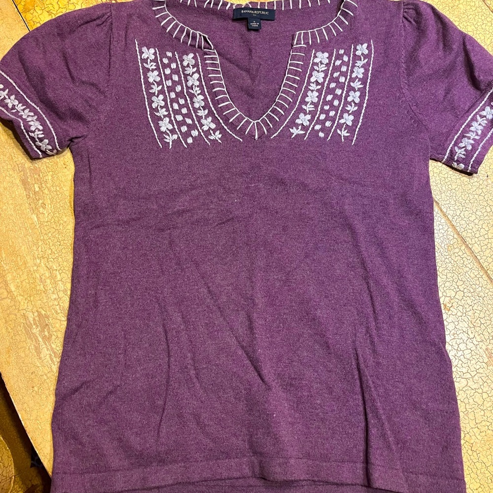 Short sleeved, purple Banana Republic sweater.